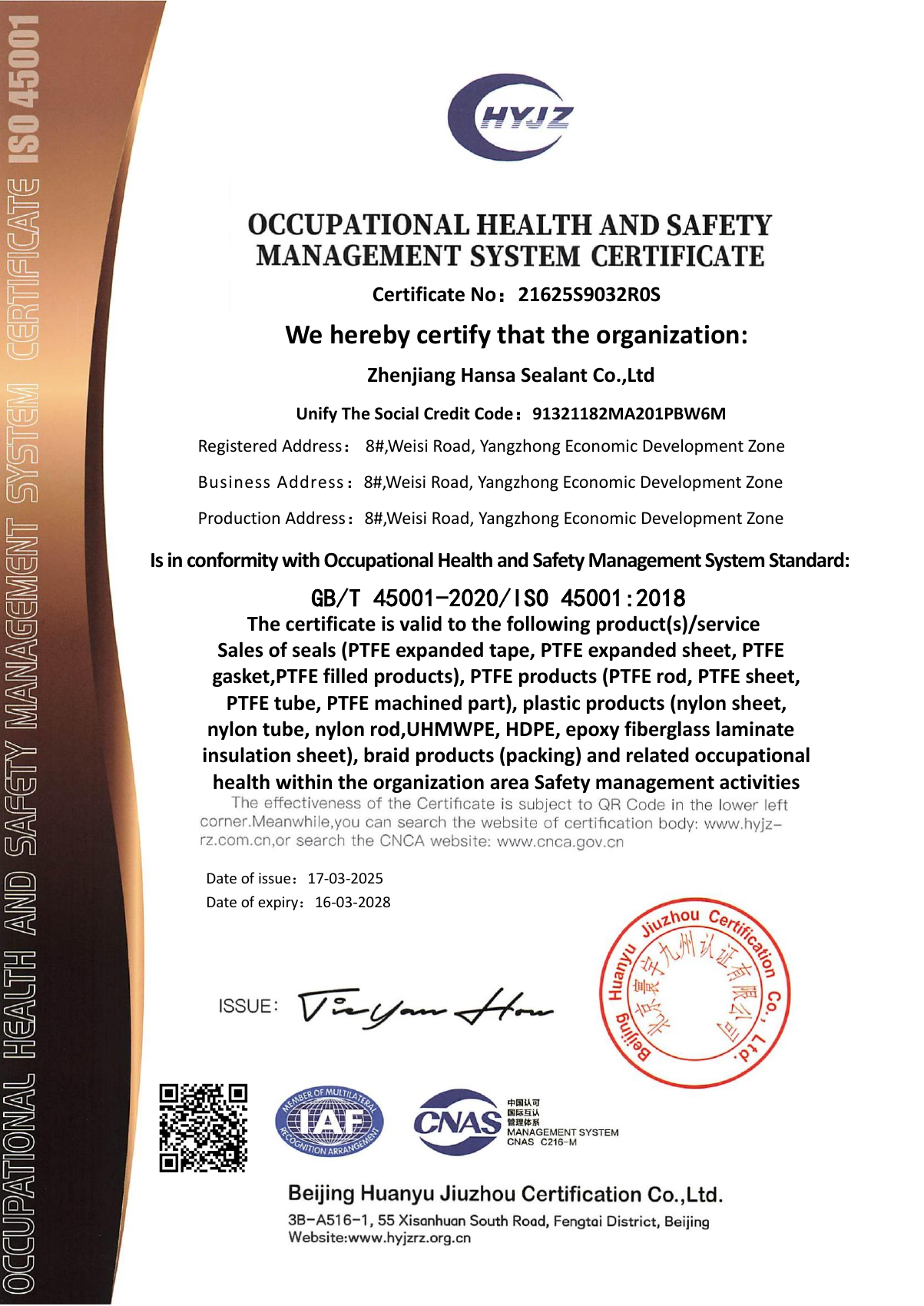 HANSA ISO 45001:2018 occupational health and safety management system certificate